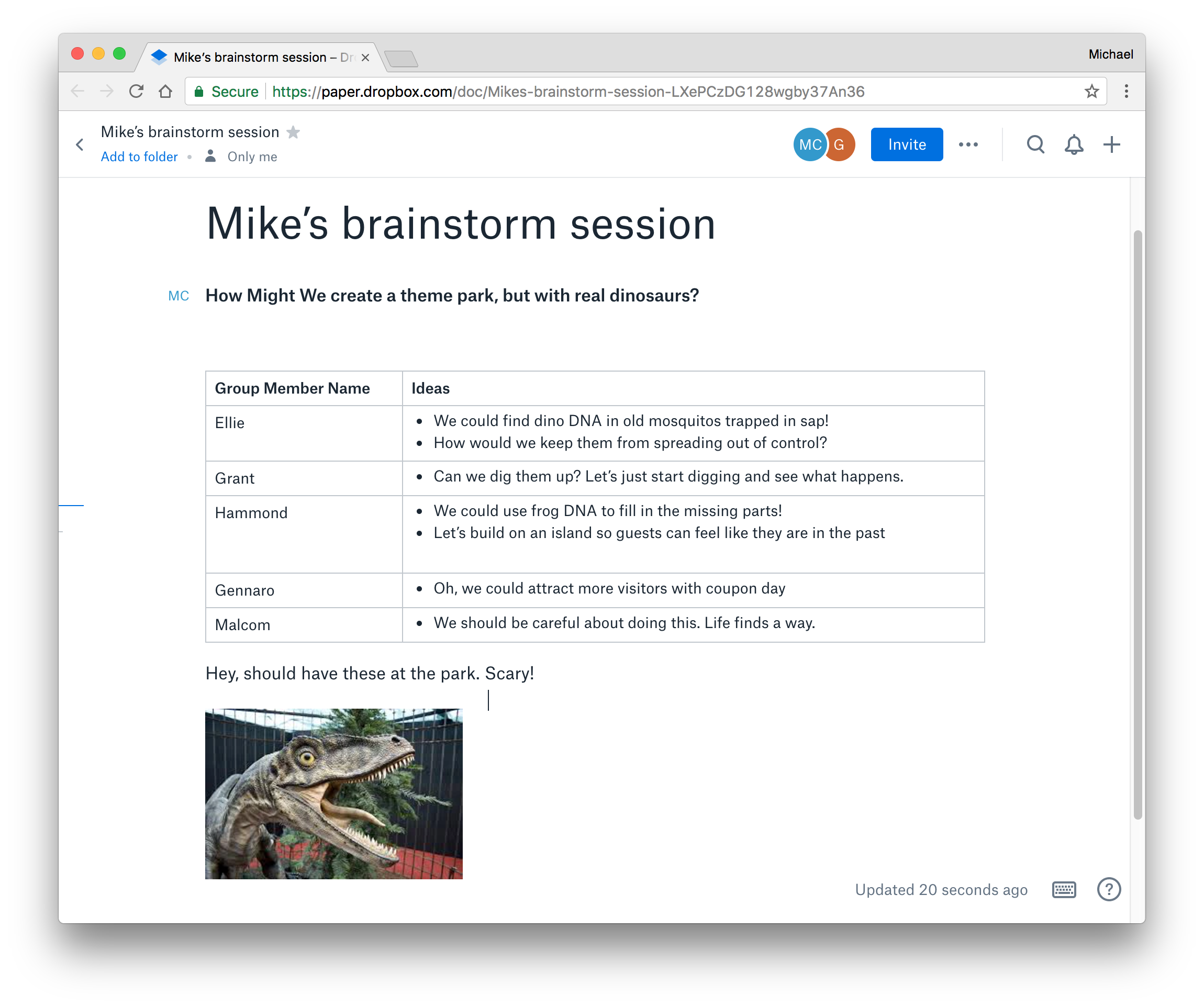 Example brainstorm on Dropbox Paper